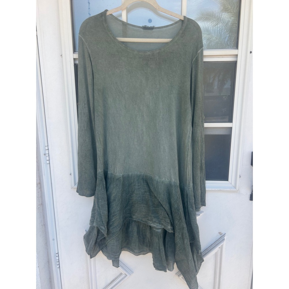 Made in Italy Sage Green Wool Blend Asymmetrical Lagenlook Boho Tunic Dress - Picture 8 of 8